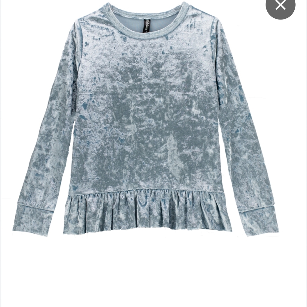 Pixielane Girls Velvet Ruffle Hem Top in Silver Blue Size 5